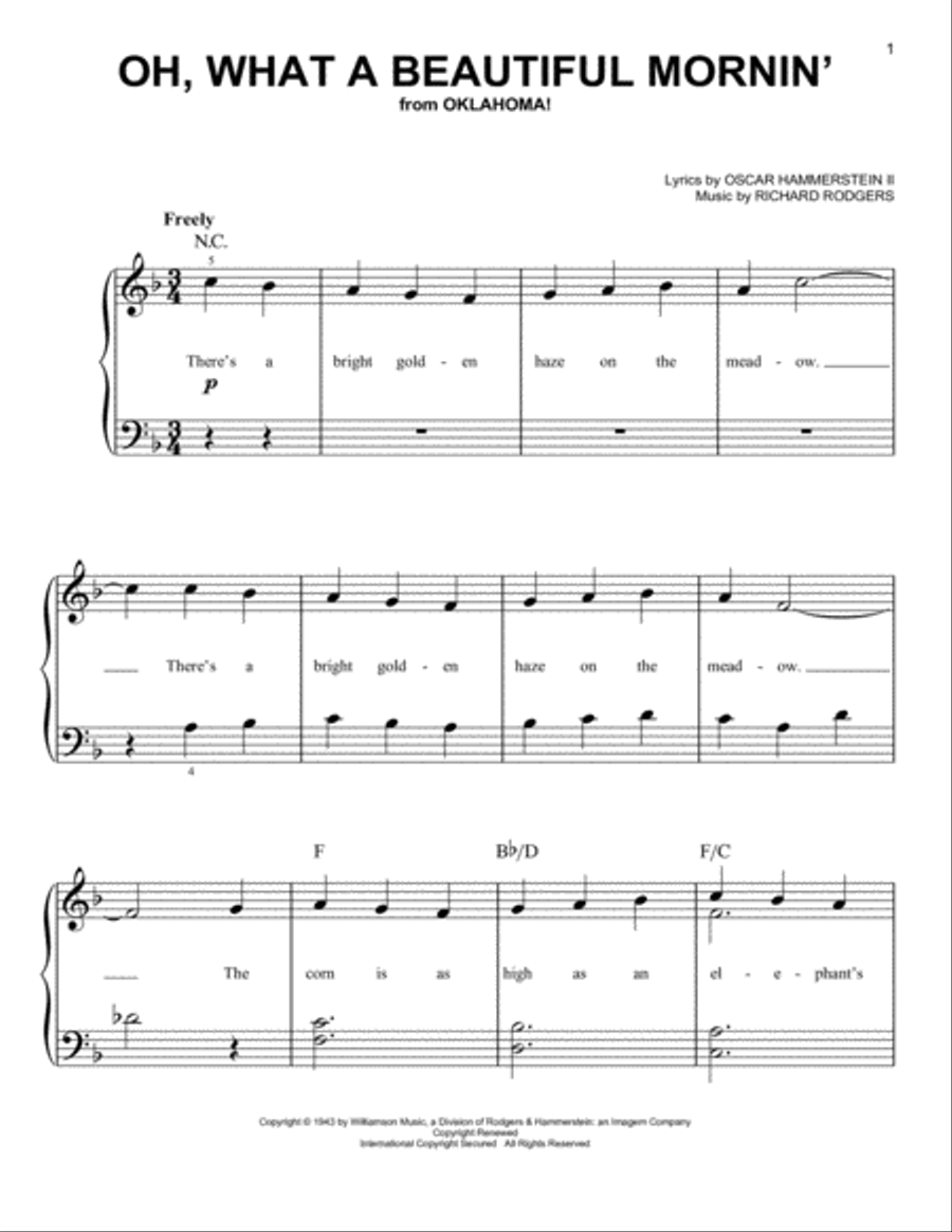 Oh, What A Beautiful Mornin' (from Oklahoma!) Easy Piano scores gallery preview page 1