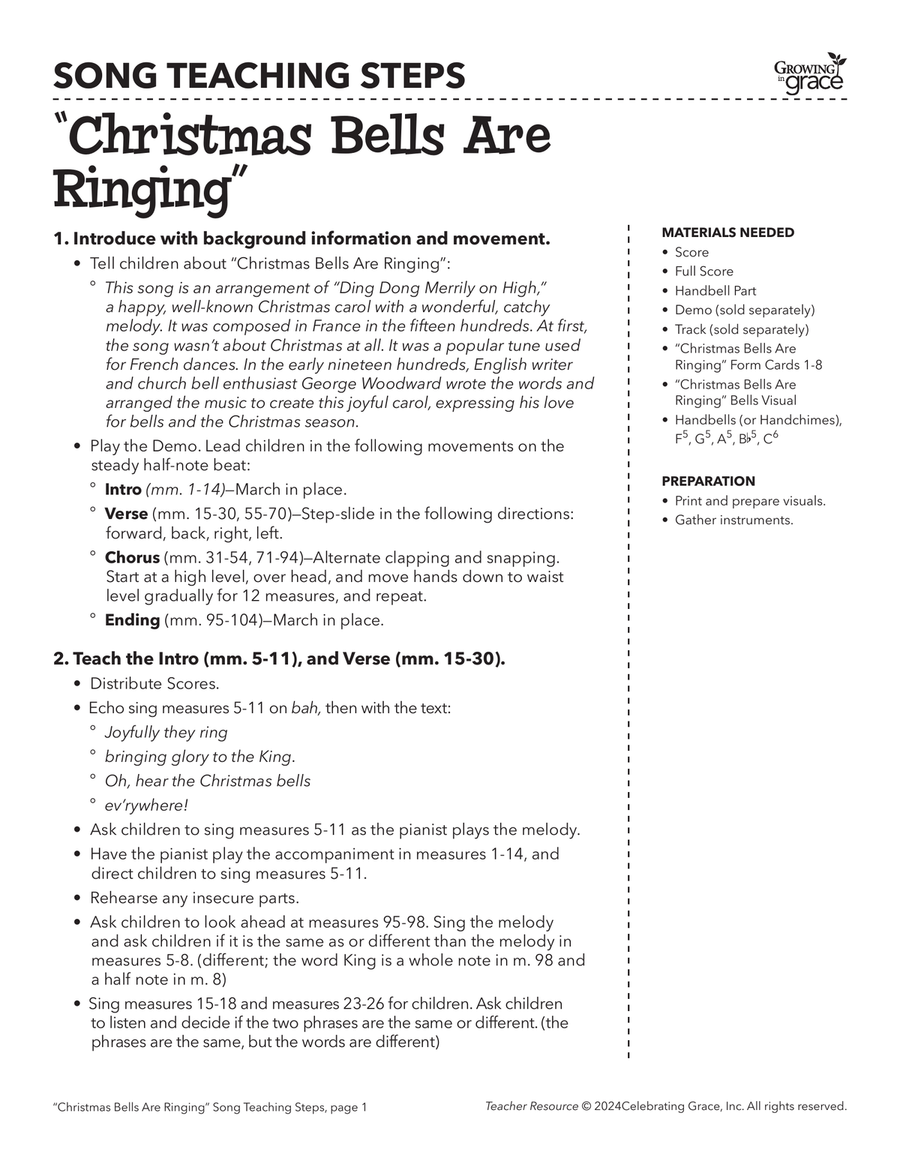 Christmas Bells Are Ringing Teacher Resource Unison Choir scores gallery preview page 1