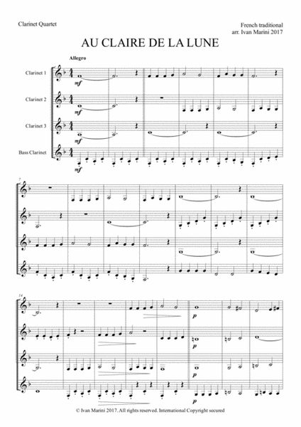 AU CLAIRE DE LA LUNE - for Easy Clarinet Quartet image number null