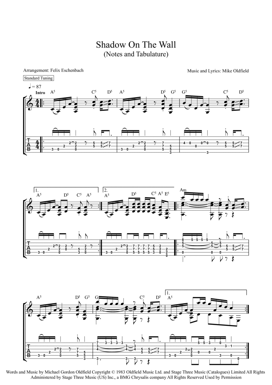 Shadow On The Wall Classical Guitar scores gallery preview page 1