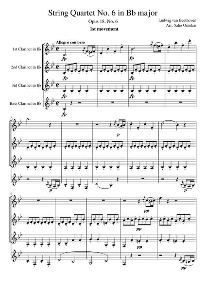 Ludwig van Beethoven: Quartet No.6 Op.18 in B flat major for 4Clarinets (3Clarinets & Bass Clarinet)