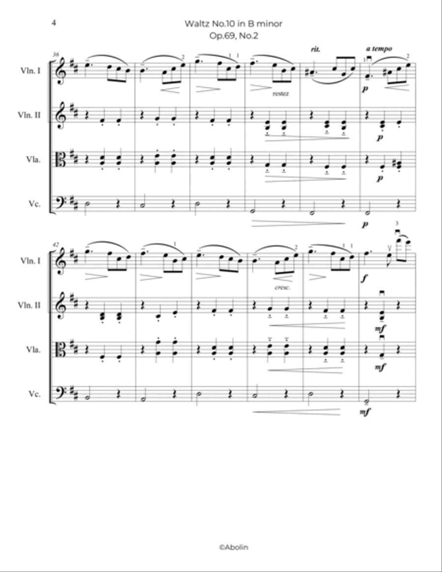 Chopin: Waltz No.10, Op.69, No.2 - String Quartet String Quartet scores gallery preview page 5
