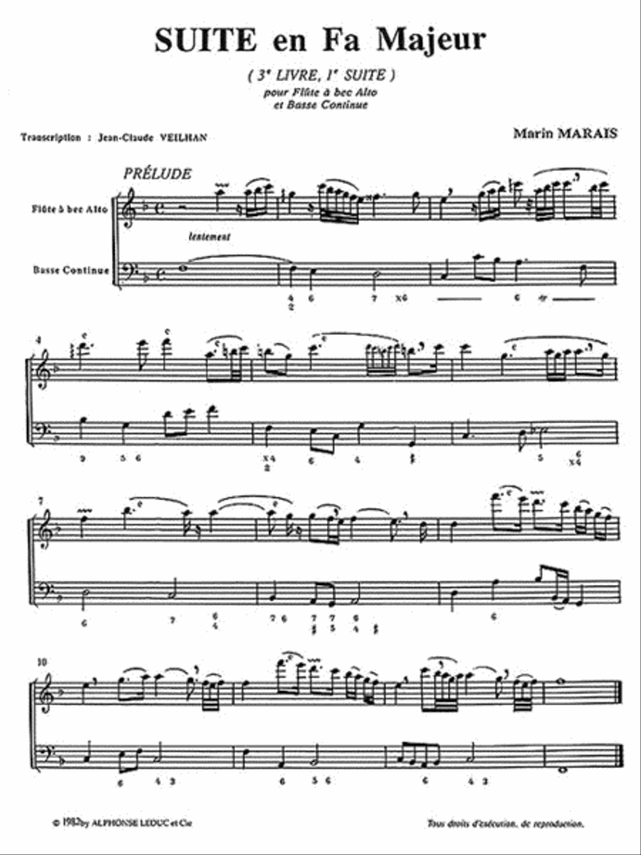 Marais Veilhan Suite In F Major Treble Recorder & Basso Continuo Bk