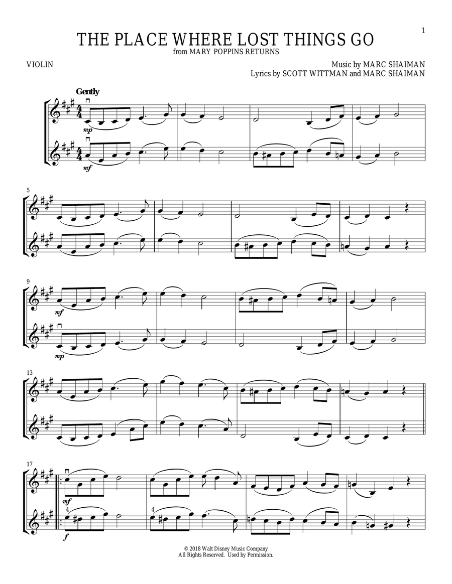 The Place Where Lost Things Go (from Mary Poppins Returns) String Duet scores gallery preview page 1