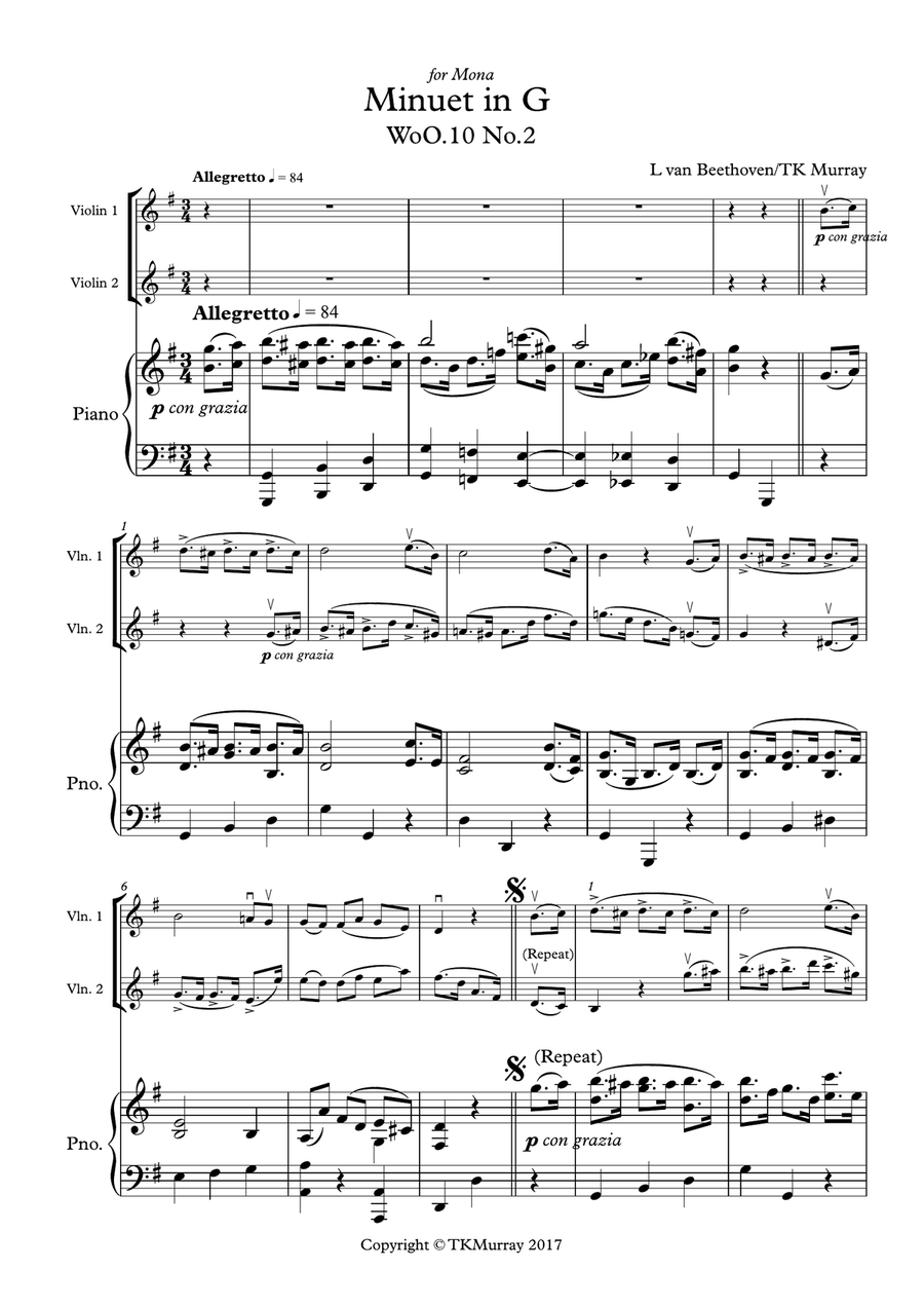 Beethoven - Minuet in G - 2nd. Violin Part & New Piano Part- Suzuki Bk.2 Violin Solo scores gallery preview page 1