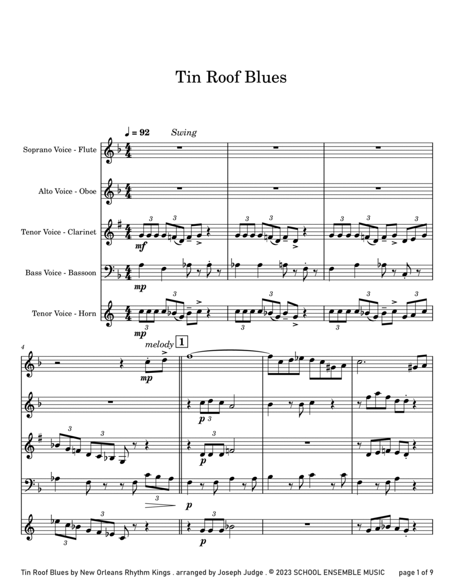 Tin Roof Blues by the Kings for Woodwind Quartet in Schools Woodwind Quartet scores gallery preview page 1
