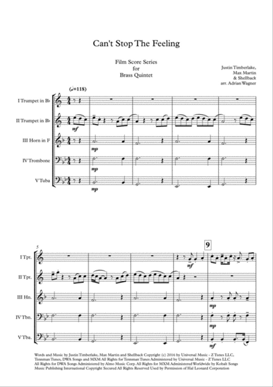 Can't Stop The Feeling from TROLLS Brass Quintet scores gallery preview page 3