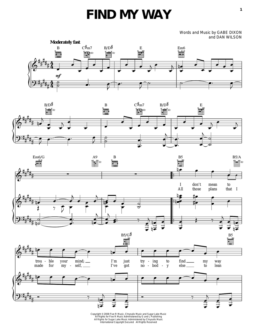 Find My Way Piano, Vocal, Guitar scores gallery preview page 1