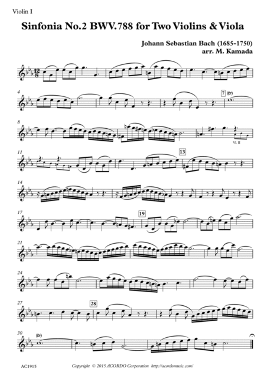 Sinfonia No.2 BWV.788 for Two Violins & Viola String Duet scores gallery preview page 3