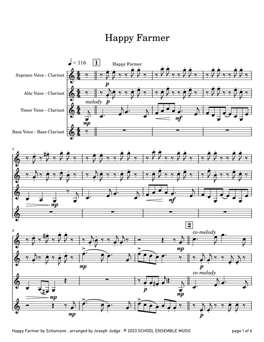 Happy Farmer by Schumann for Clarinet Quartet in Schools Clarinet Quartet scores gallery preview page 1