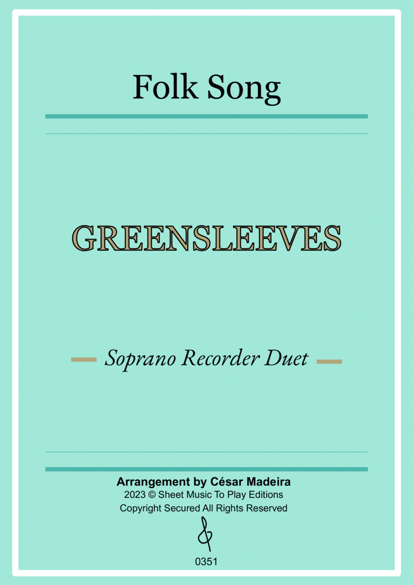 Greensleeves - Soprano Recorder Duet - W/Chords (Full Score and Parts) image number null