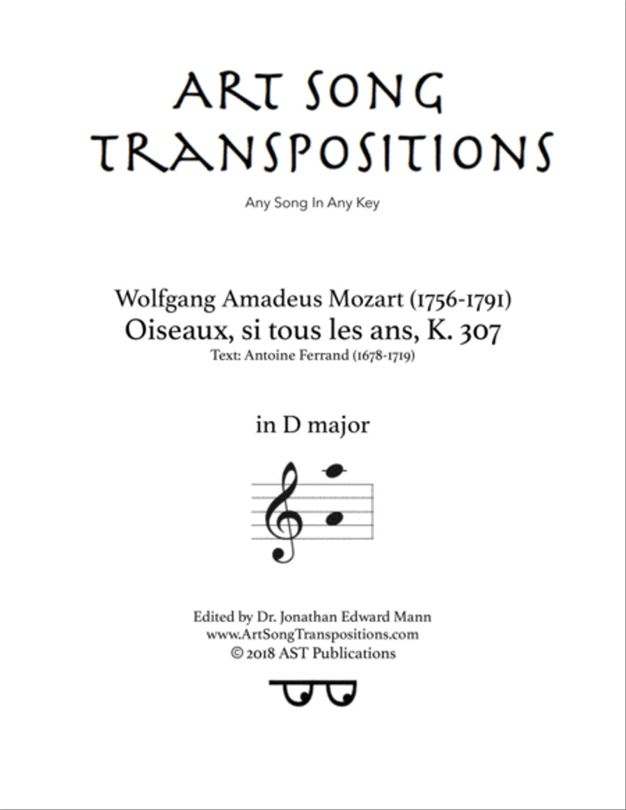 MOZART: Oiseaux, si tous les ans, K. 307 (transposed to D major) Voice scores gallery preview page 1