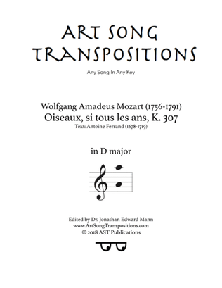 Book cover for MOZART: Oiseaux, si tous les ans, K. 307 (transposed to D major)
