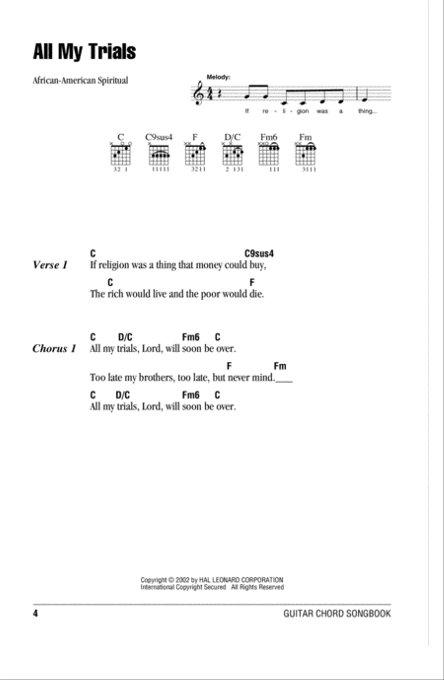 All My Trials Easy Guitar scores gallery preview page 1