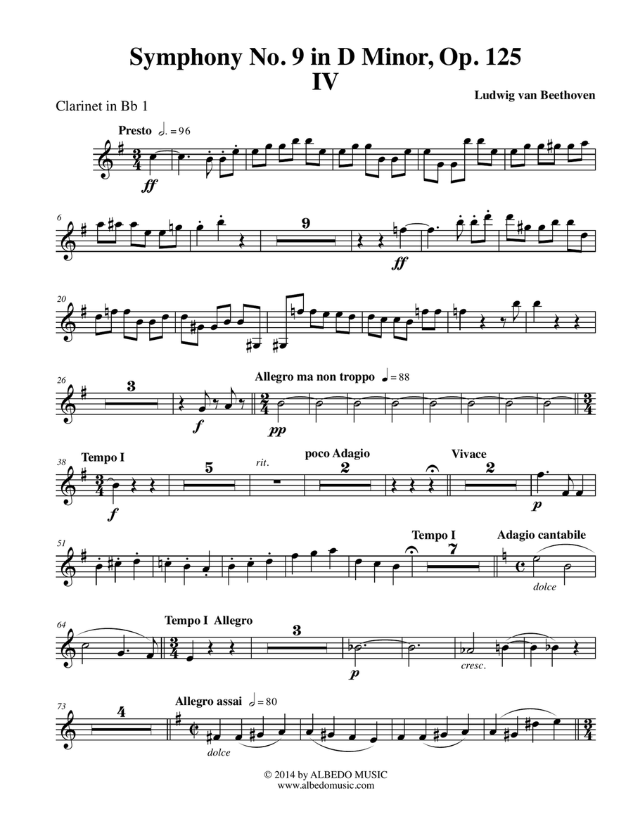 Beethoven Symphony No. 9, Movement IV - Clarinet in Bb 1 (Transposed Part), Op. 125 B-Flat Clarinet scores gallery preview page 1
