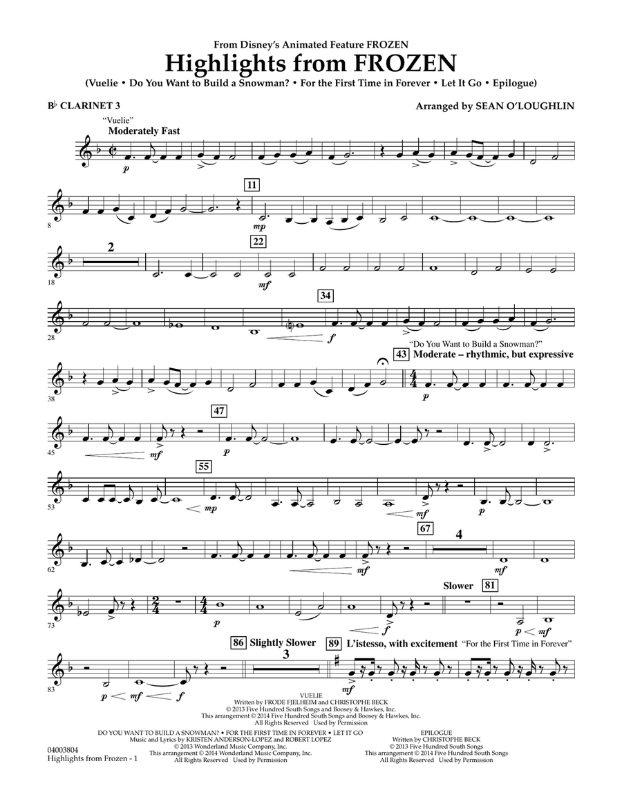 Highlights from Frozen (arr. Sean O'Loughlin) - Bb Clarinet 3 Concert Band scores gallery preview page 1