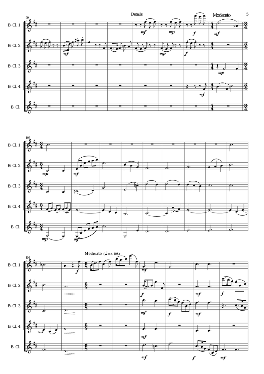Details for clarinet quintet (4 B flats and 1 Bass) Clarinet Quintet scores gallery preview page 5