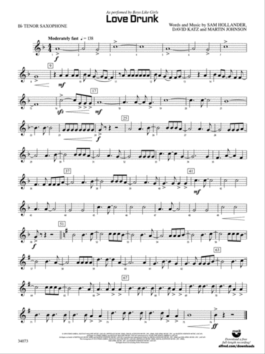 Love Drunk: B-flat Tenor Saxophone Concert Band scores gallery preview page 1