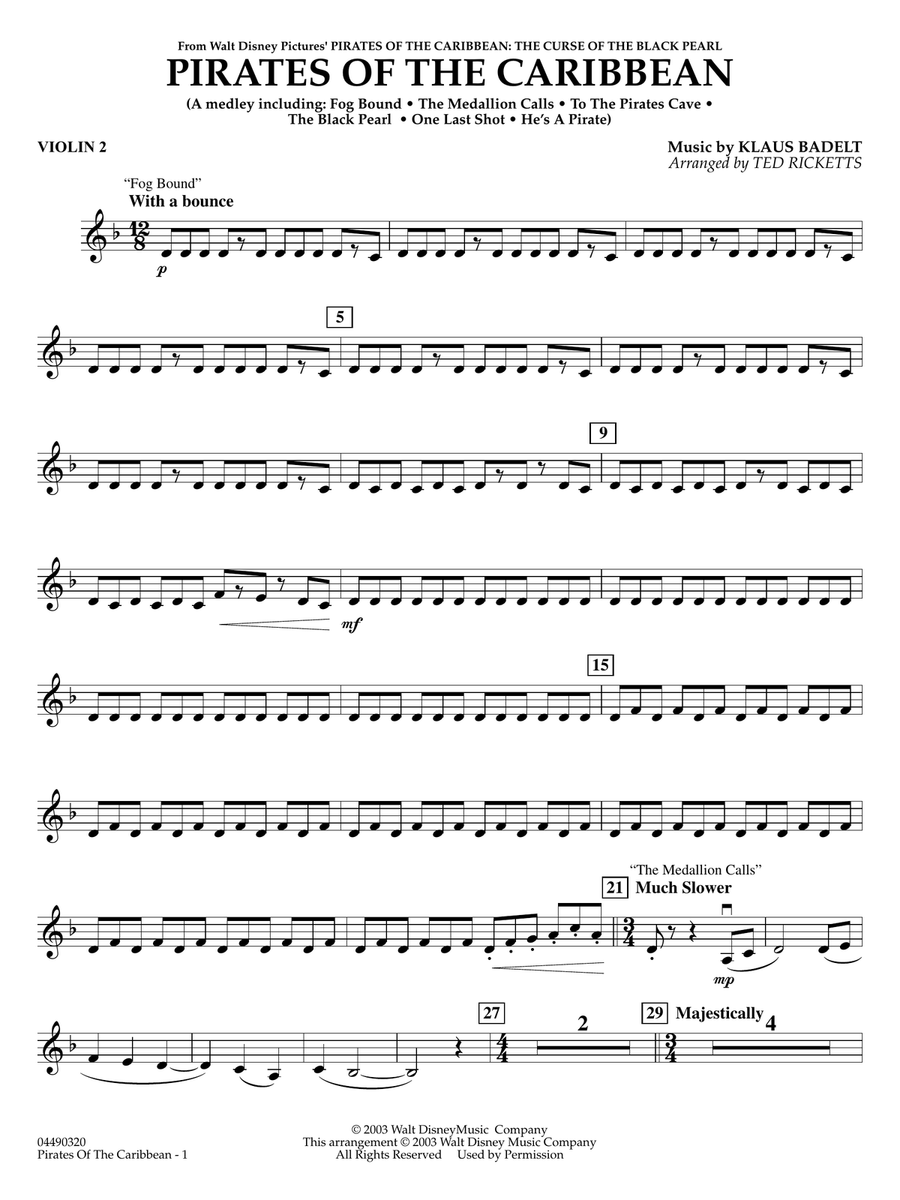 Book cover for Pirates of the Caribbean (arr. Ted Ricketts) - Violin 2