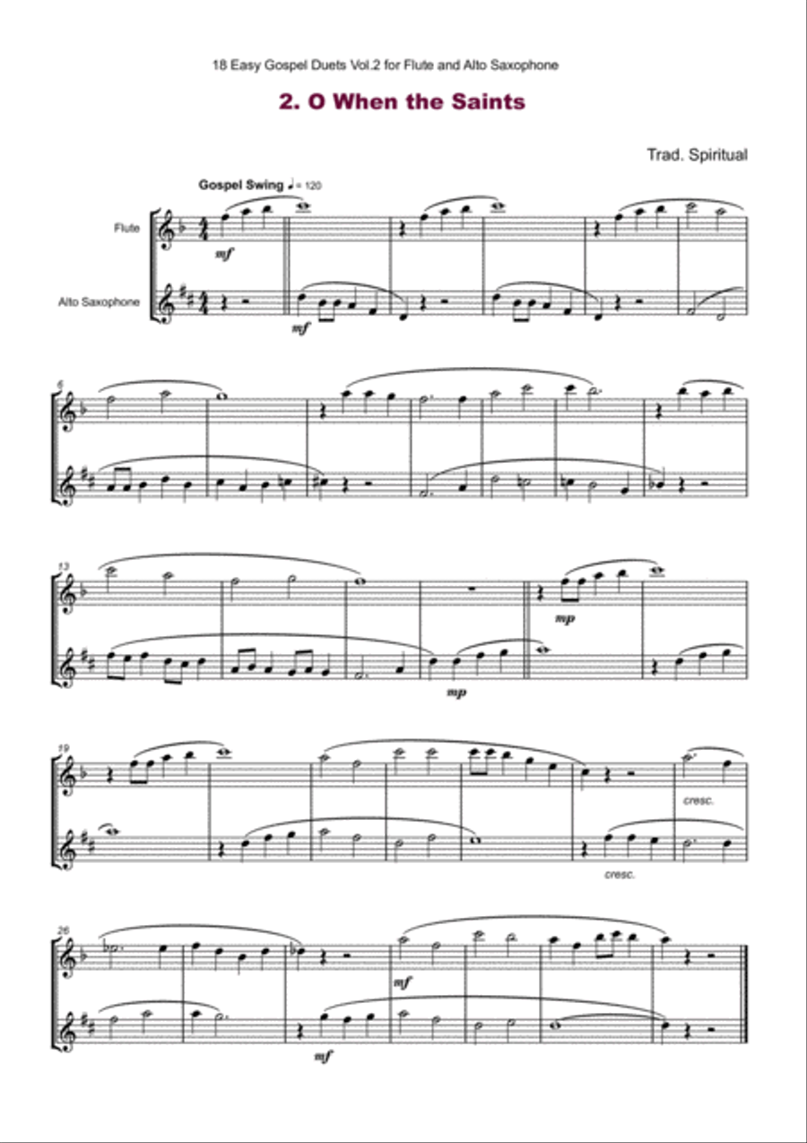 18 Easy Gospel Duets Vol.2 for Flute and Alto Saxophone Woodwind Duet scores gallery preview page 4