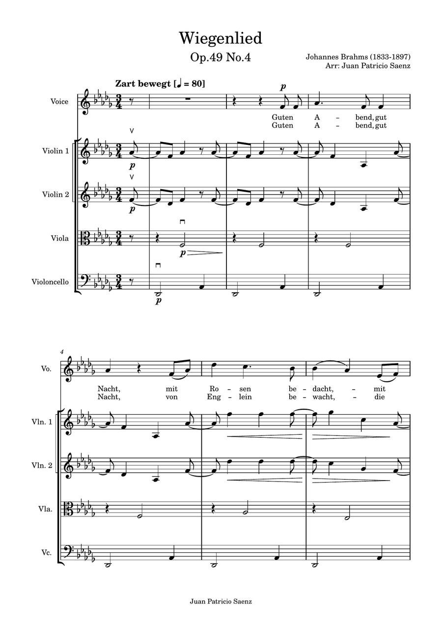 Johannes Brahms - Wiegenlied Op.49 N.4, String quartet arrangement low voice (Db major) String Quartet scores gallery preview page 1