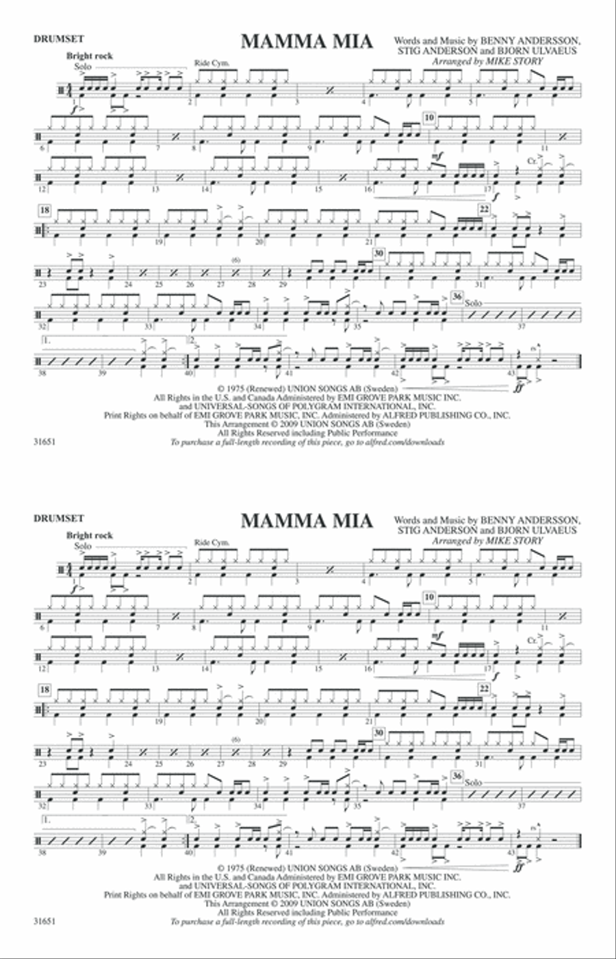 Mamma Mia: Drumset Mamma Mia: Drumset Marching Band scores gallery preview page 1