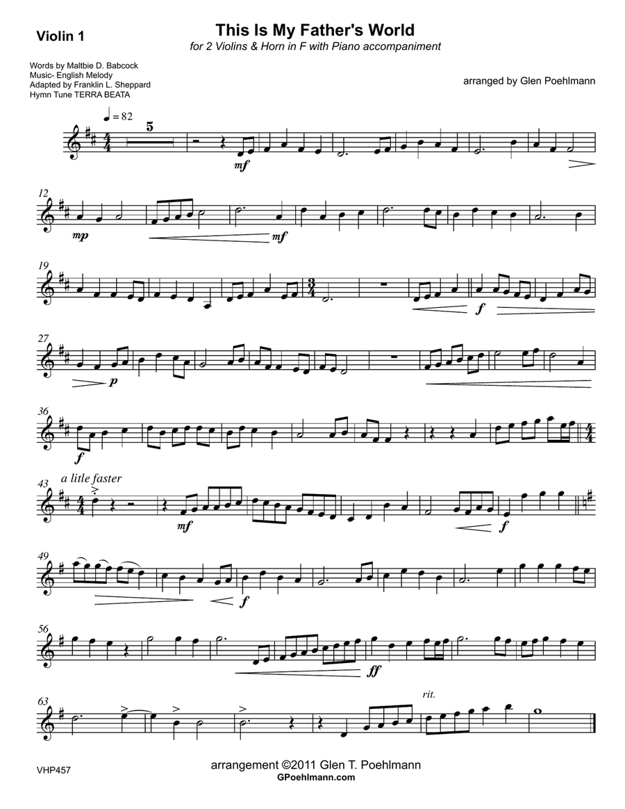 THIS IS MY FATHER'S WORLD - 2 VIOLINS & HORN with Piano Accompaniment Small Ensemble scores gallery preview page 6