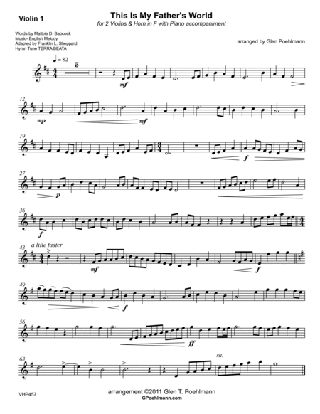 THIS IS MY FATHER'S WORLD - 2 VIOLINS & HORN with Piano Accompaniment image number null