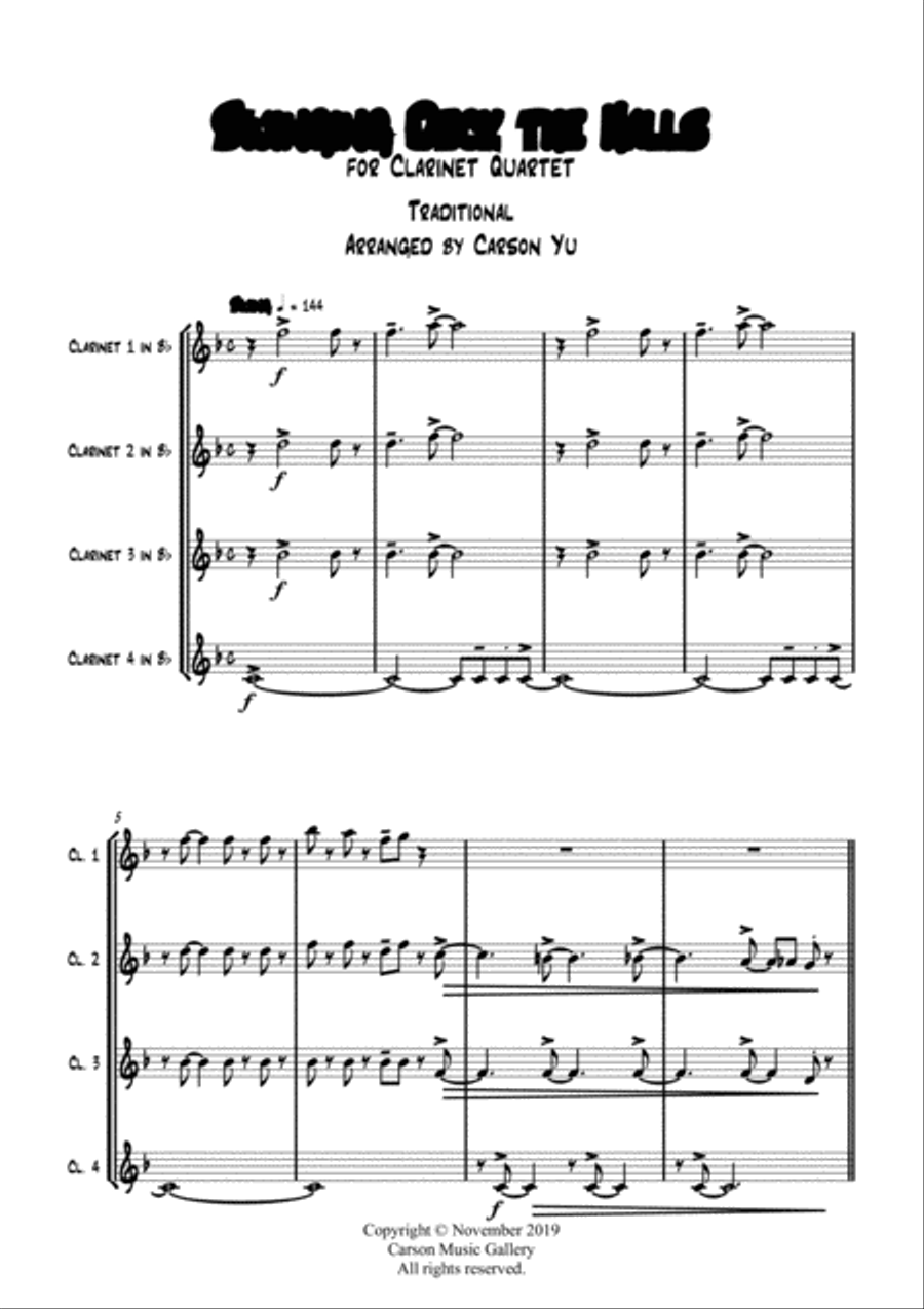 Swinging Deck the Halls - for Clarinet Quartet (4Bb) arr. Carson Yu Clarinet Quartet scores gallery preview page 4
