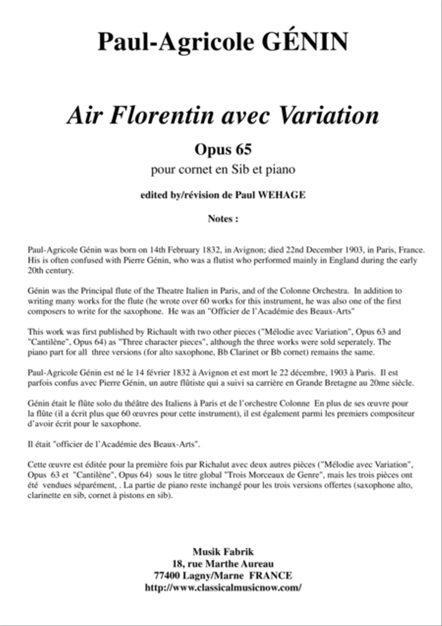 Paul-Agricole GÉNIN: Air Florentin avec Variation Opus 65 for Bb cornet and piano