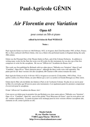 Paul-Agricole GÉNIN: Air Florentin avec Variation Opus 65 for Bb cornet and piano