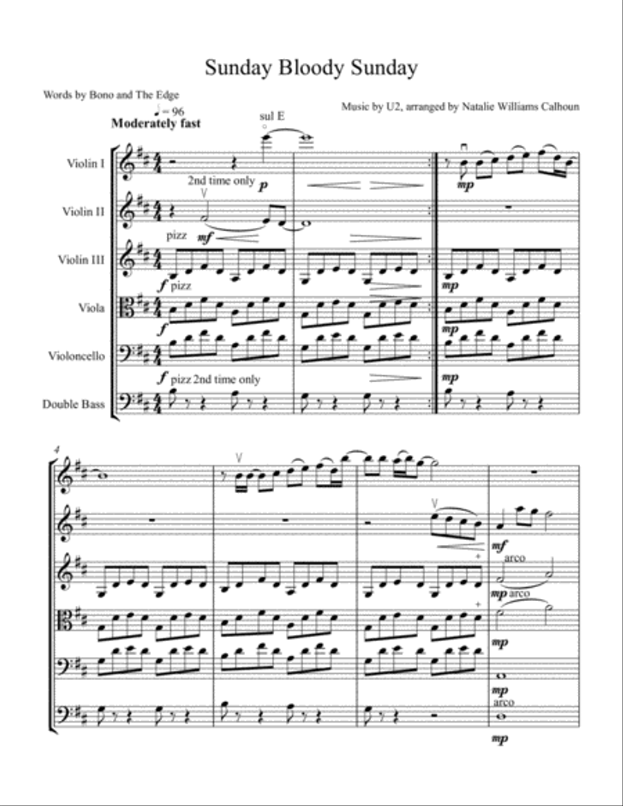 Sunday Bloody Sunday Sunday Bloody Sunday String Quartet scores gallery preview page 1