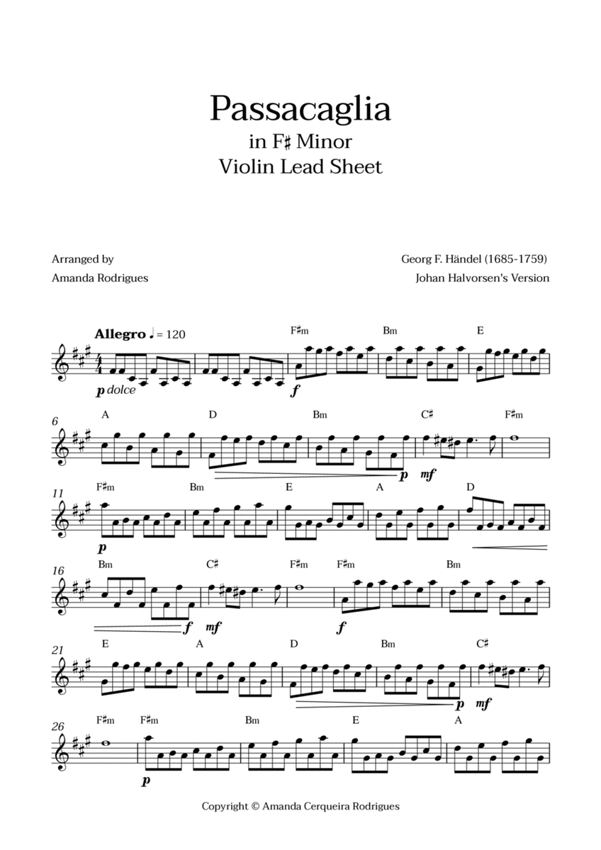 Passacaglia - Easy Violin Lead Sheet in F#m Minor (Johan Halvorsen's Version) image number null