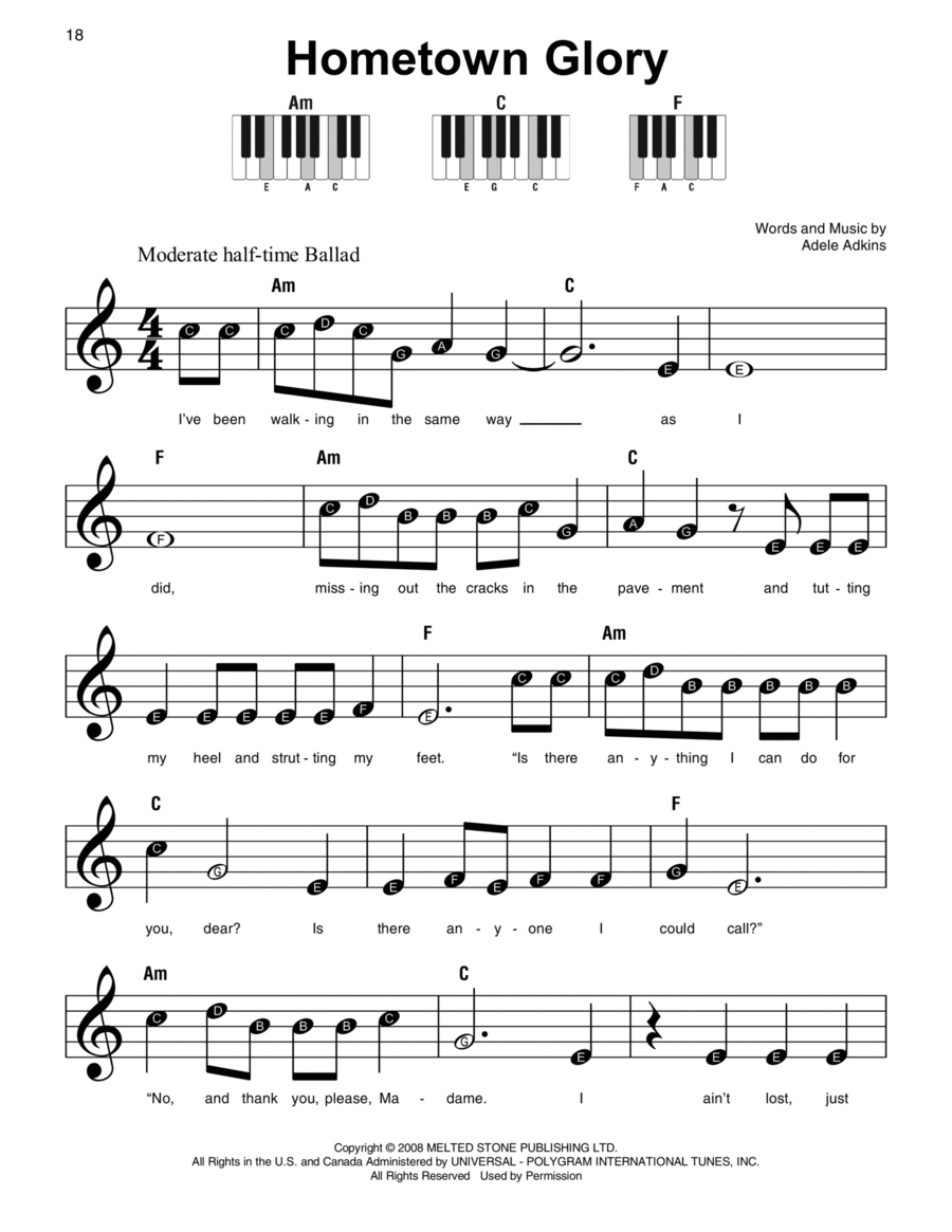 Hometown Glory Easy Piano scores gallery preview page 1