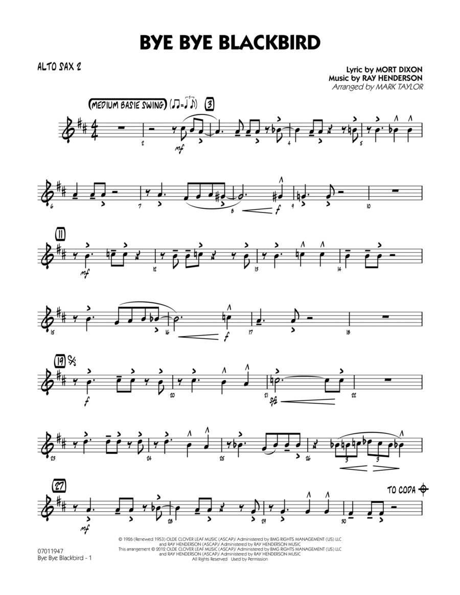 Bye Bye Blackbird - Alto Sax 2 Jazz Ensemble scores gallery preview page 1