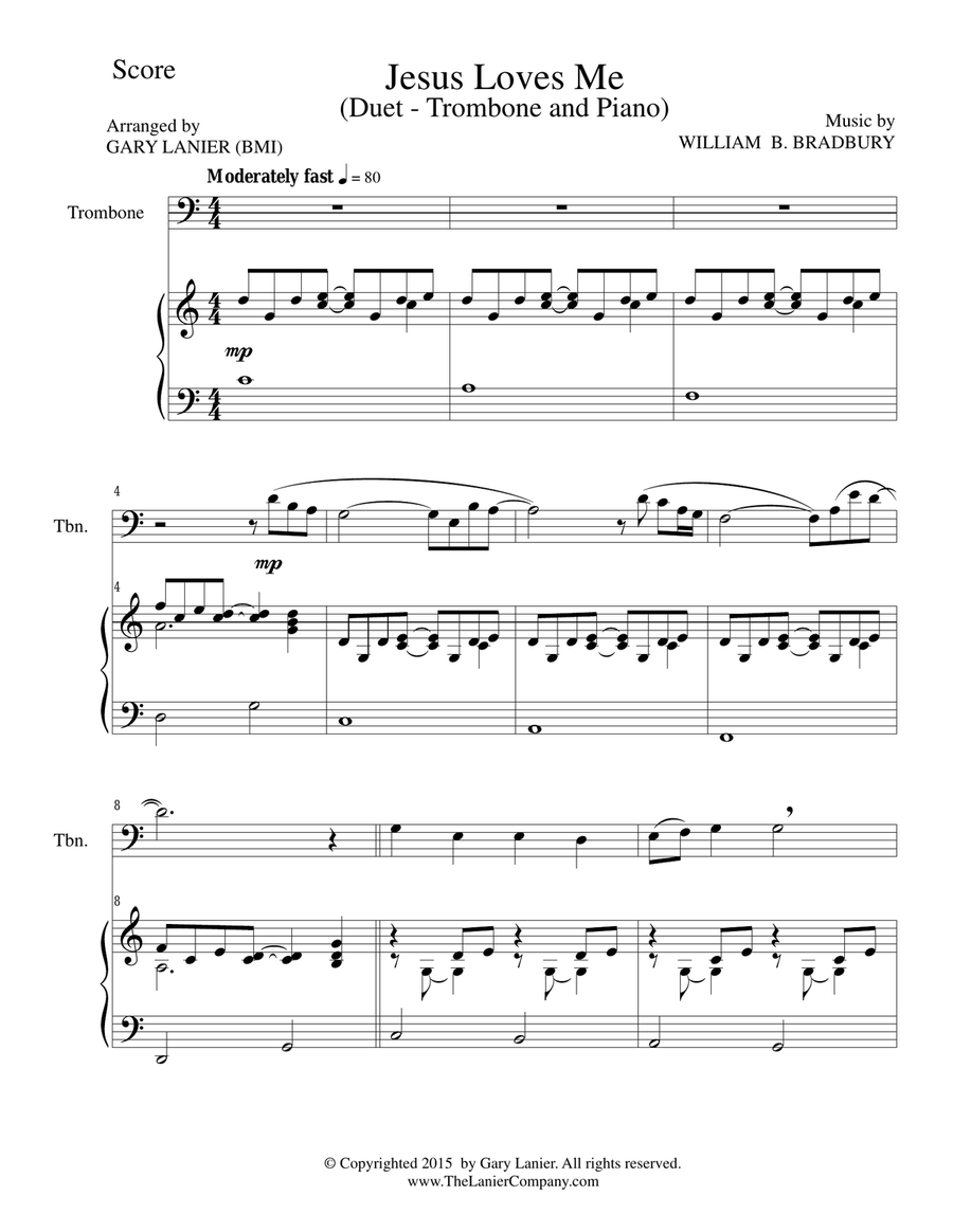 JESUS LOVES ME (Duet – Trombone and Piano/Score and Parts) Trombone Duet scores gallery preview page 1