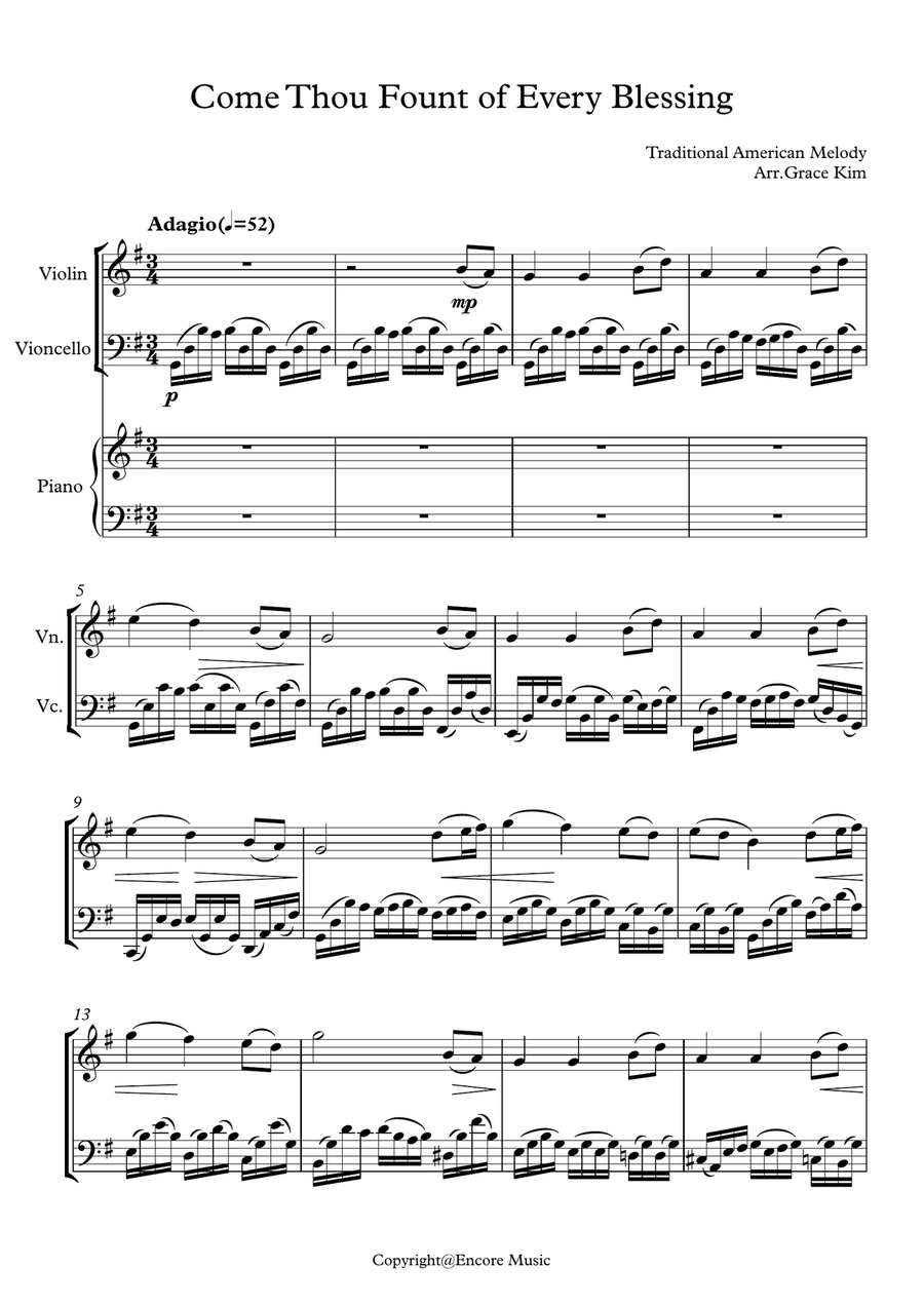 Come Thou Fount of Every Blessing x Bach's Cello Suite No.1 Prelude (Violin/Cello/Piano) Piano Trio scores gallery preview page 1