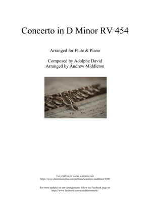 Book cover for Concerto in D Minor RV 454 arranged for Flute and Piano
