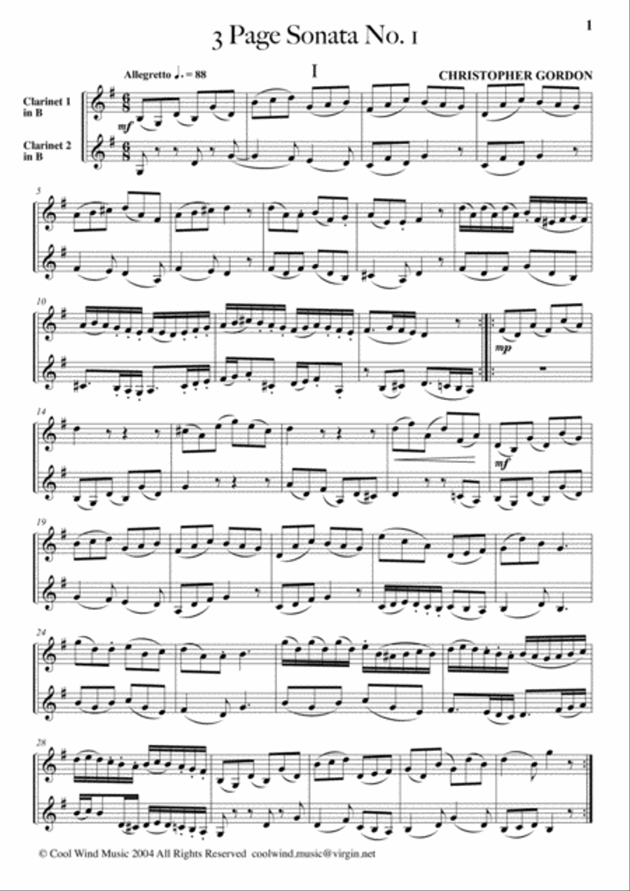 Three Page Sonata No. 1 (for 2 Clarinets) Clarinet Duet scores gallery preview page 1