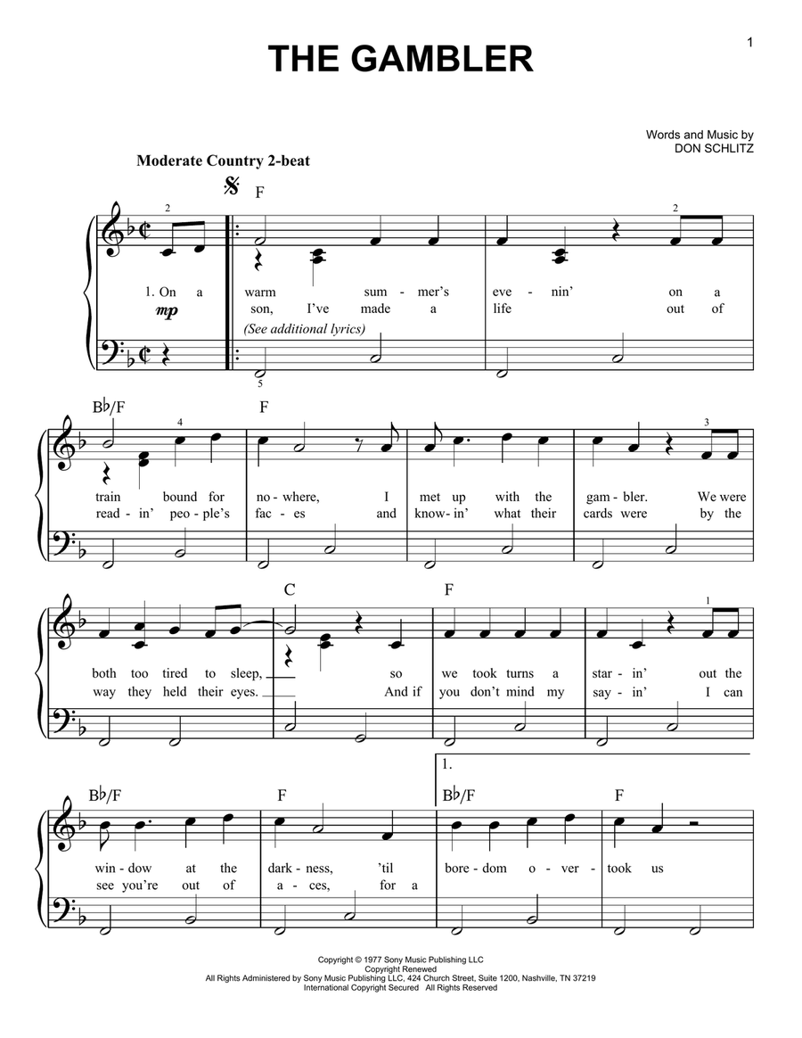 The Gambler Easy Piano scores gallery preview page 1