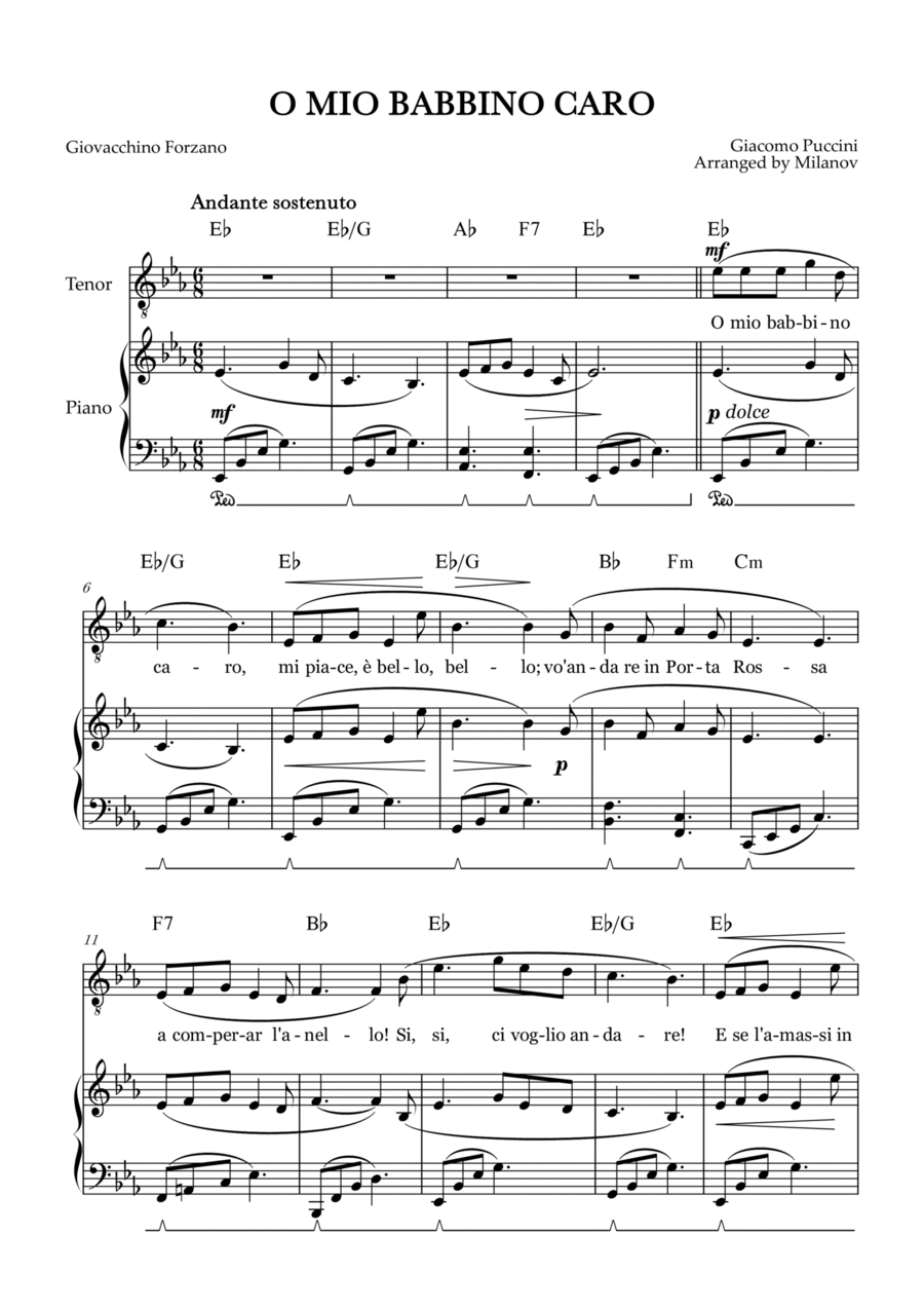 O Mio Babbino Caro | Male Voice Tenor | E-flat Major | Piano accompaniment | Pedal | Chords Tenor Voice scores gallery preview page 1
