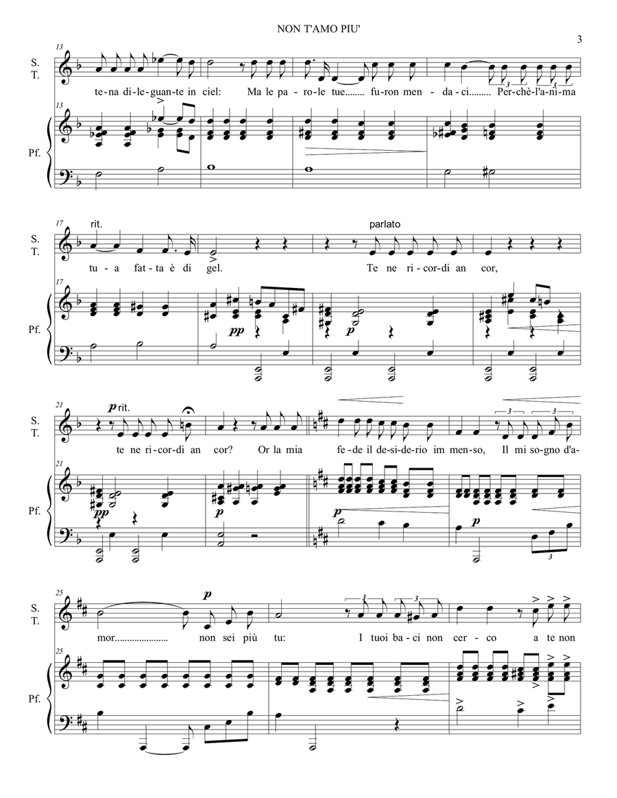 NON T'AMO PIU' - F.P Tosti - For Soprano or Tenor and piano High Voice scores gallery preview page 3