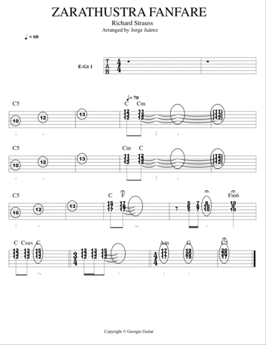 Zarathustra Fanfare - Guitar Tab (duet), Bass, Drums Classical Guitar scores gallery preview page 1
