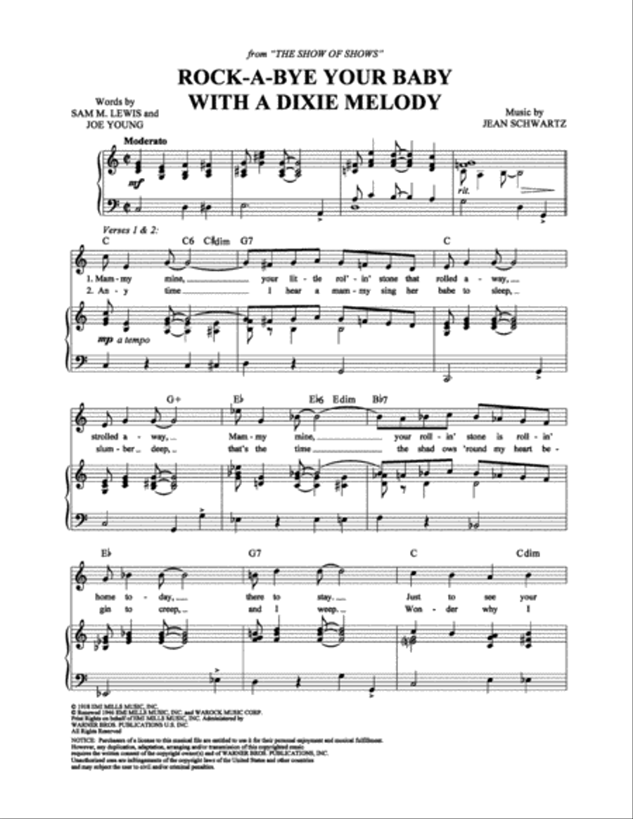 Rock-a-Bye Your Baby with a Dixie Melody Piano, Vocal, Guitar scores gallery preview page 1