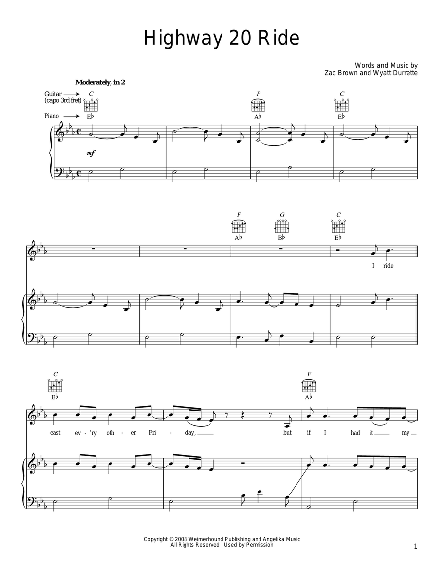 Highway 20 Ride Piano, Vocal, Guitar scores gallery preview page 1