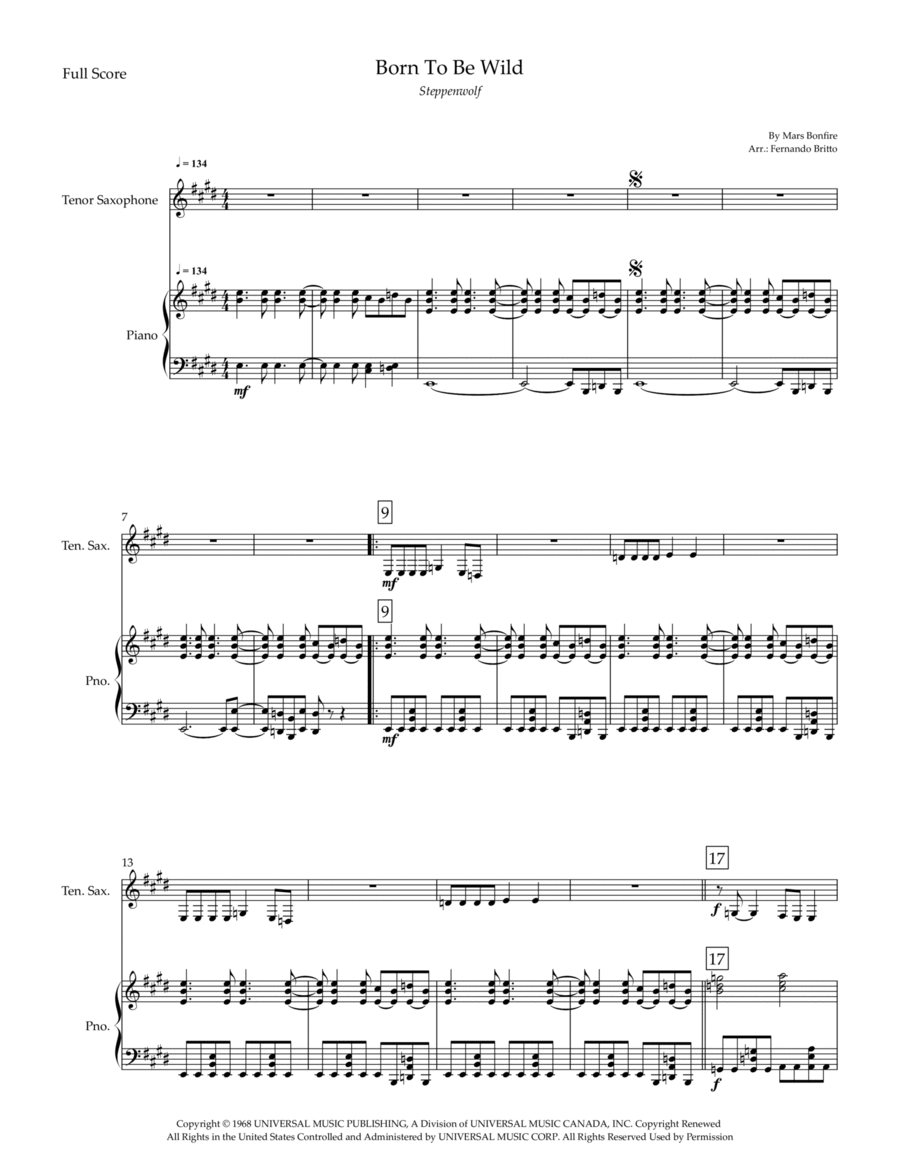 Born To Be Wild Tenor Saxophone scores gallery preview page 1