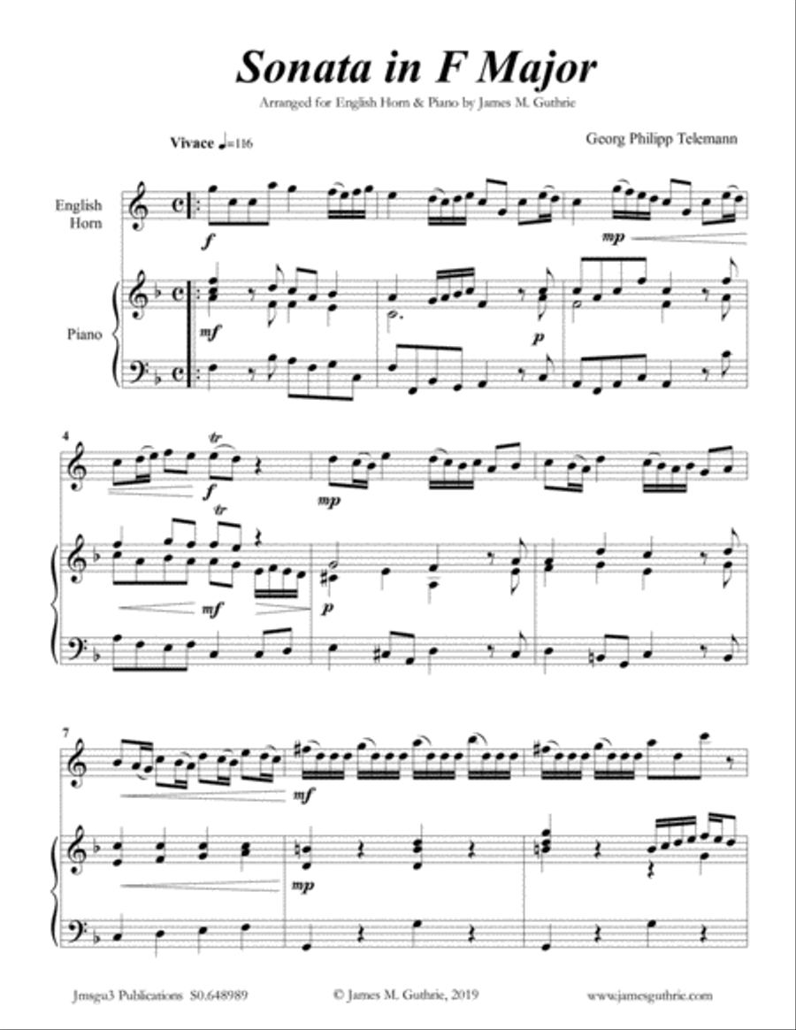 Telemann: Sonata in F Major for English Horn & Piano English Horn scores gallery preview page 1