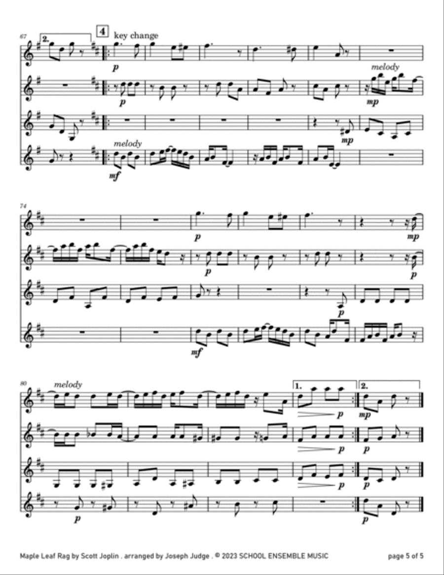 Maple Leaf Rag by Scott Joplin for Clarinet Quartet in School Clarinet Quartet scores gallery preview page 5