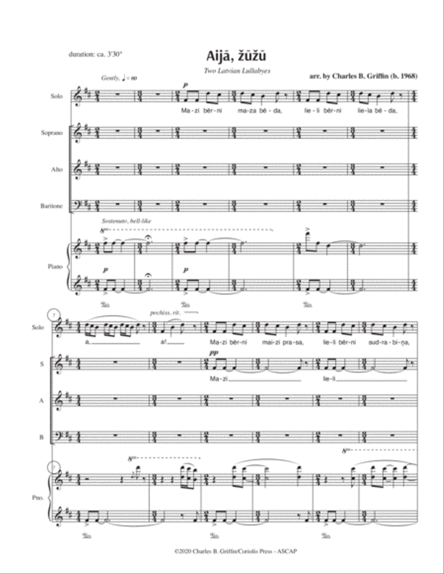 Aija, zuzu - Two Latvian Lullabies - SAB & Piano w Soprano Solo 3-Part scores gallery preview page 2