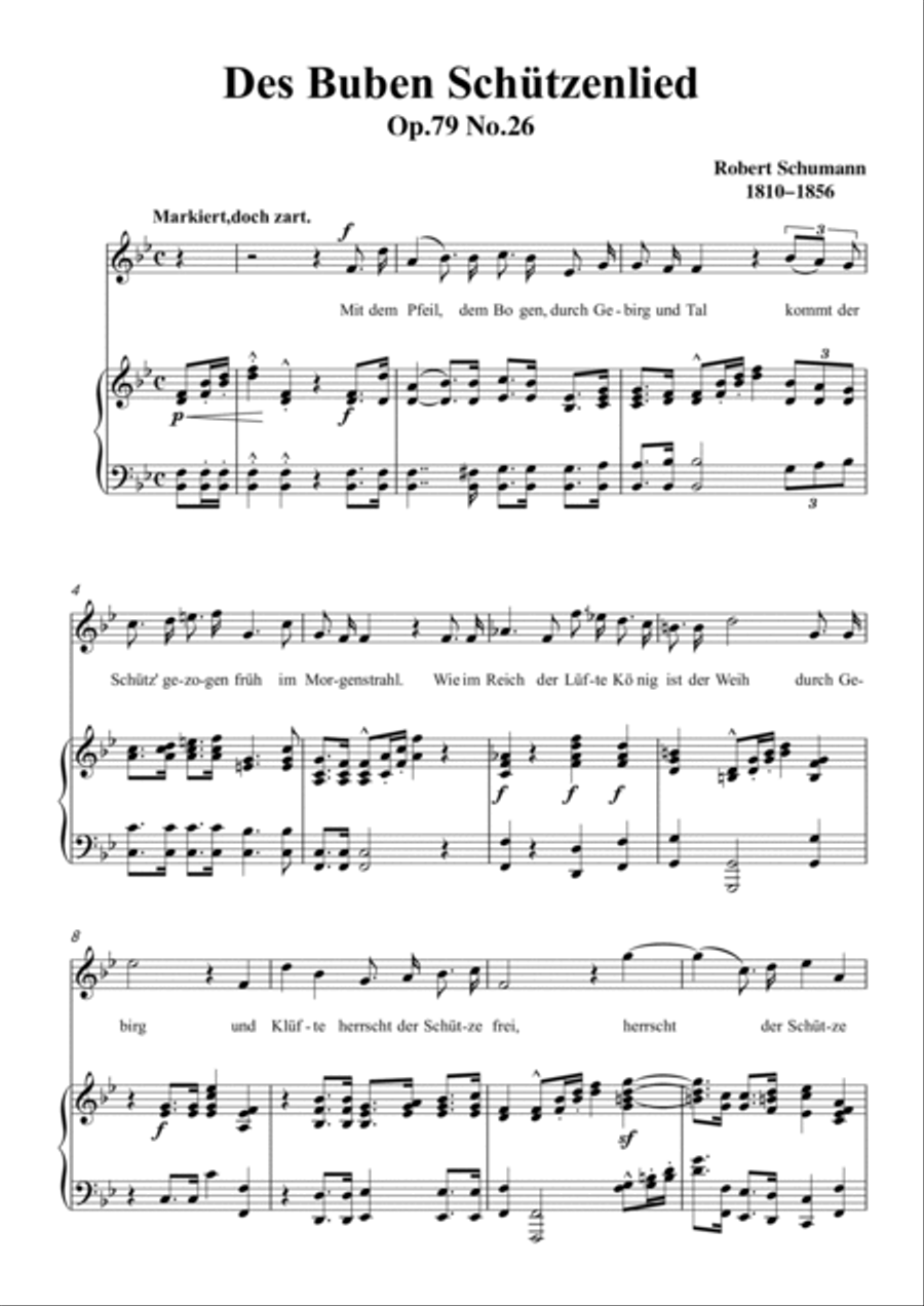 Schumann-Des Buben Schützenlied in B♭ Major,Op.79,No.26 for Voice and Piano Voice Solo scores gallery preview page 2